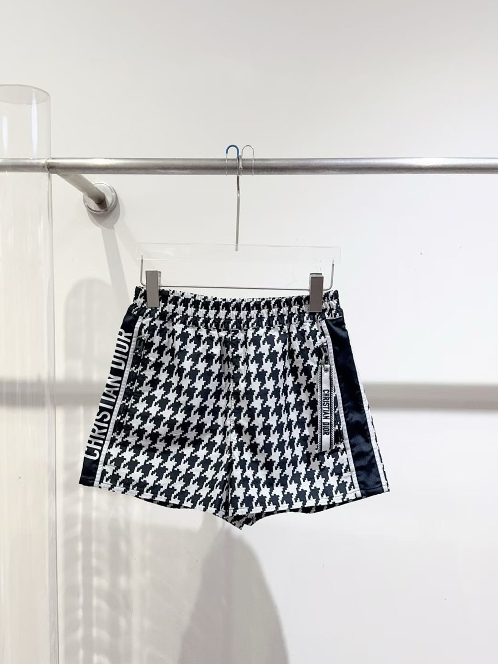 Dior Black and White Houndstooth Athletic Shorts with Branded Side Tape